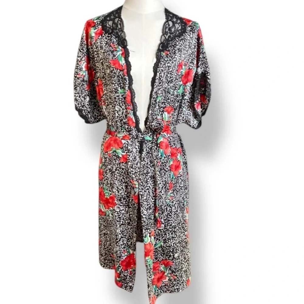 4/$20 Vintage Barbizon Floral Lace Trim Robe Kimono Red Black Boho Lounge Wrap S